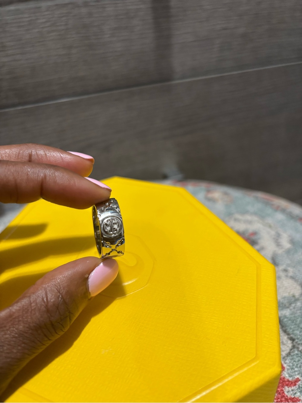 Tory Burch Silver Logo Band Ring with Polished Finish